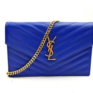 SAINT LAURENT Royal Blue Chevron Quilted Grain De Poudre Envelope Clutch Wallet